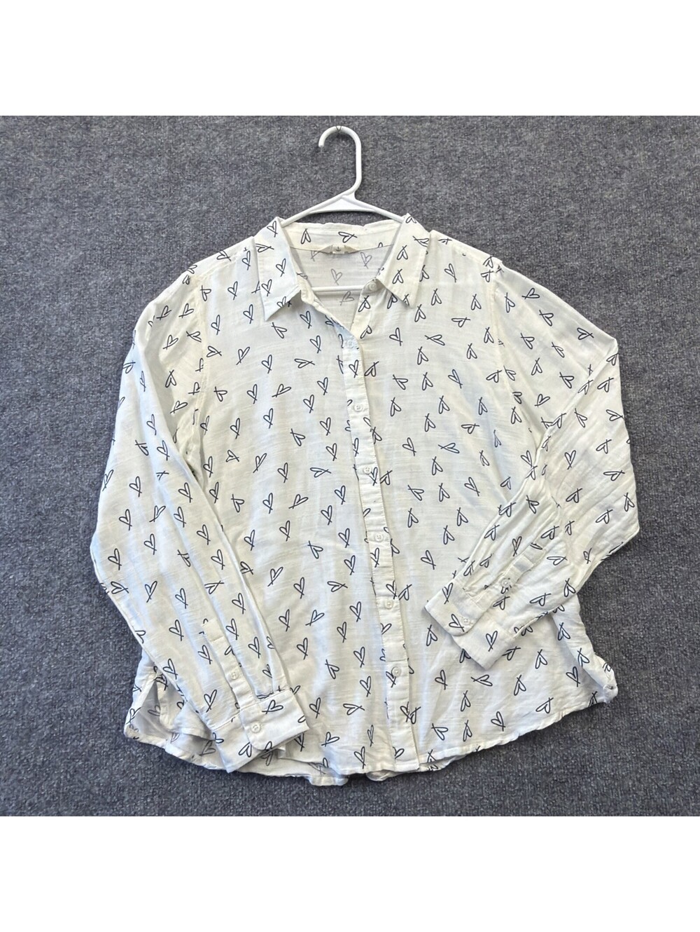 Lucky Brand Womens Sz XL White Blue Hearts Button Blouse Long Sleeve